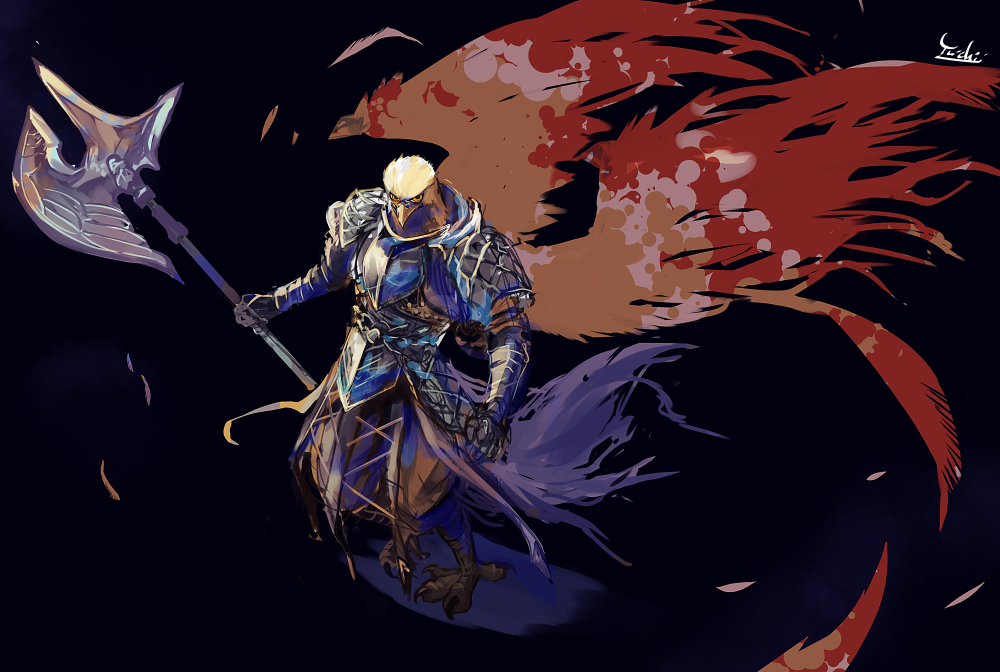 1boy, animal_head, armor, beak, bird_boy, black_background, breastplate, elden_ring