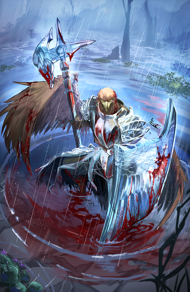 1boy, animal_head, armor, beak, bird_boy, blood, bloody_weapon, breastplate, elden_ring, elden_ring_nightreign, feathered_wings, guardian_(elden_ring), halberd, hazuki_yu-chi, holding, holding_polearm, holding_shield, holding_weapon, pauldrons, polearm, rain, ripples, shield, shoulder_armor, solo, water, weapon, wings, yellow_eyes