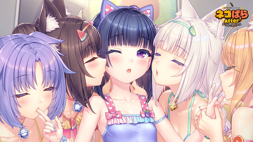 6+girls, alternate_hairstyle, animal_ear_fluff, animal_ear_hairband, animal_ears, arm_strap, azuki_(nekopara), bell