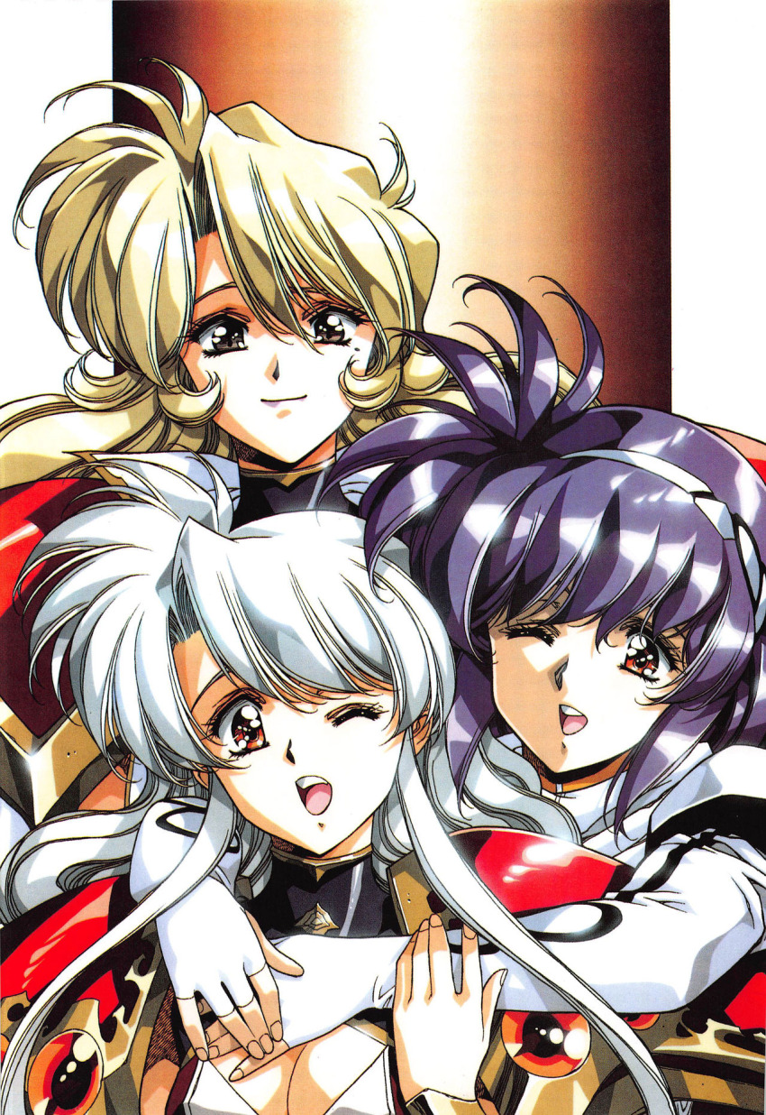 1990s_(style), 3girls, armor, arms_around_neck, breasts, brenda_(langrisser), brown_eyes, claret_(langrisser)