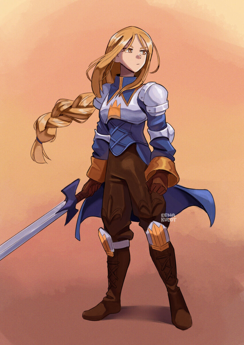 absurdres, agrias_oaks, armor, artist_name, boots, breastplate, brown_boots, brown_gloves