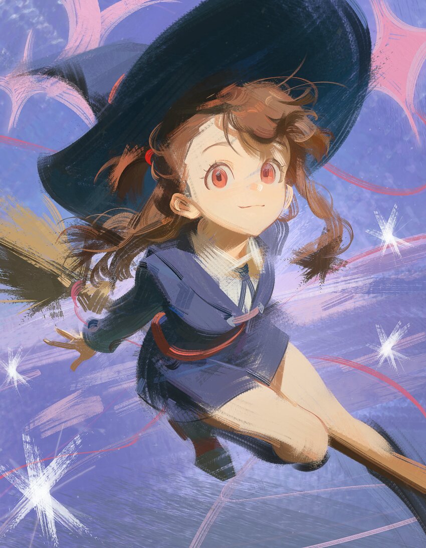 1girl, absurdres, bow, braid, breasts, broom, broom_riding, brown_hair