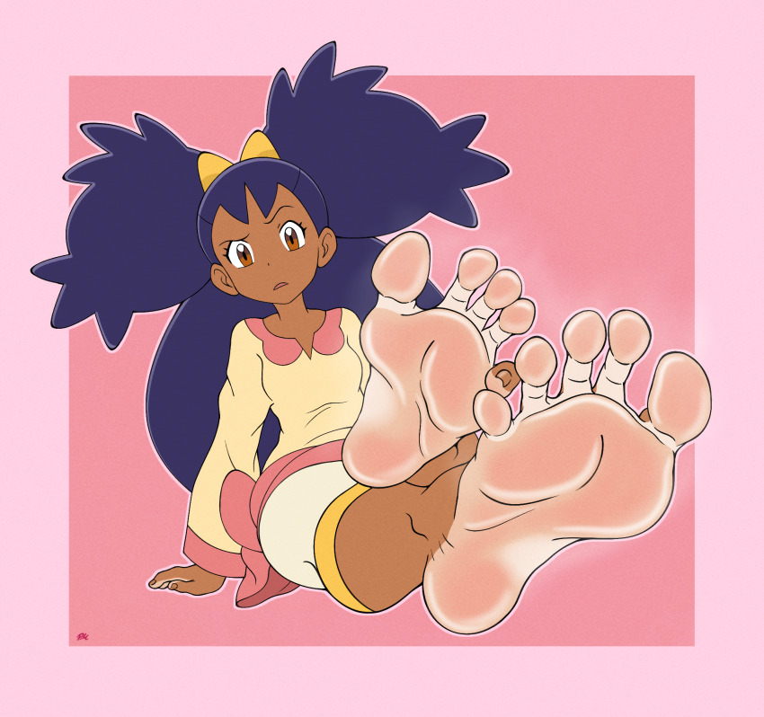 1girl, alternate_breast_size_(smaller), arms_at_sides, barefoot, big_hair, black_hair, breasts, brown_eyes