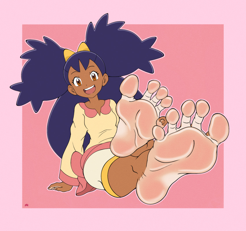 1girl, alternate_breast_size, arms_at_sides, barefoot, big_hair, black_hair, breasts, brown_eyes