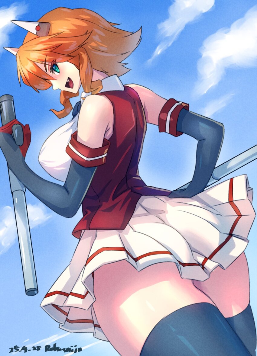 1girl, ass, breasts, chaos_code, elbow_gloves, fang, gloves, happy