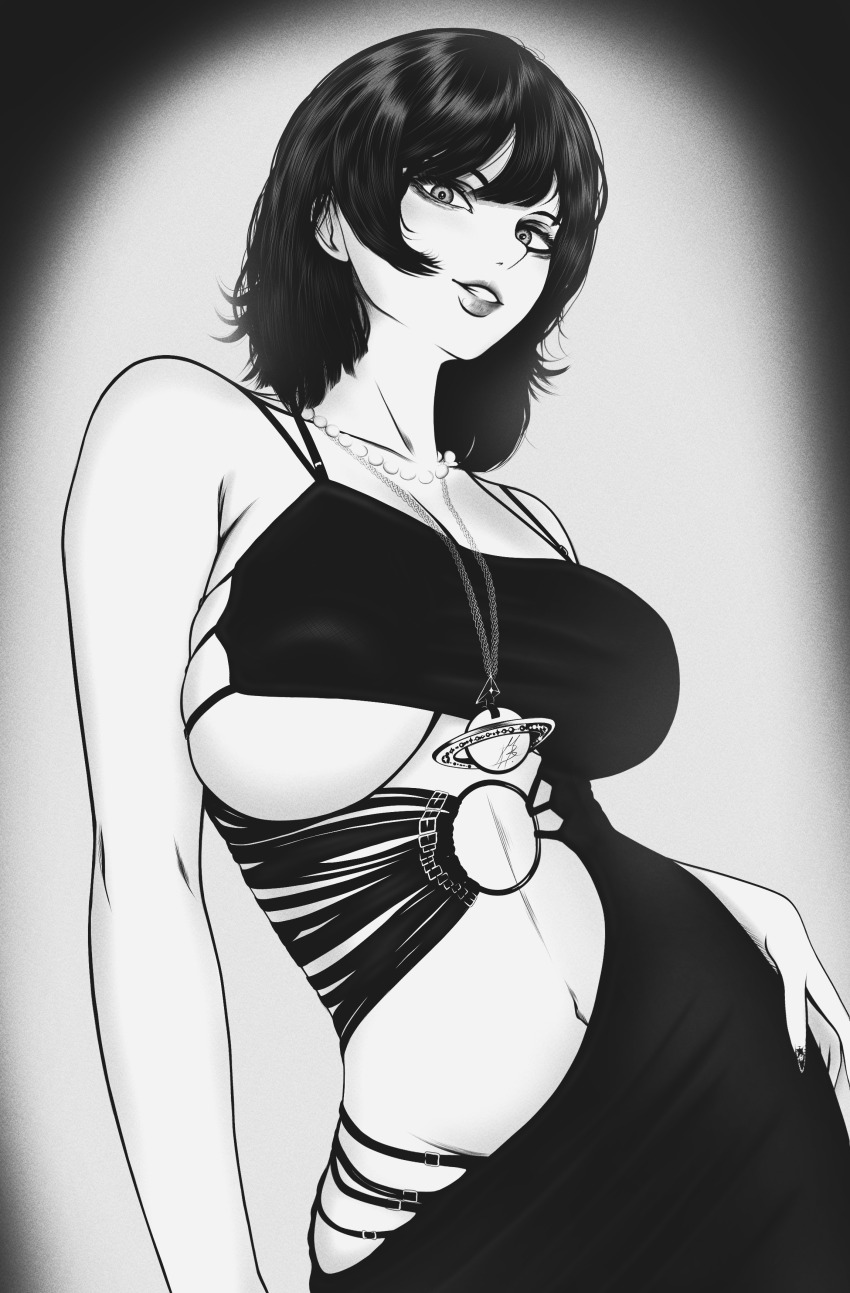 1girl, absurdres, breasts, covered_erect_nipples, dress, from_below, hand_on_own_hip, highres, jewelry, large_breasts, lipstick, looking_at_viewer, looking_down, makeup, medium_hair, mostlybluewyatt, navel, necklace, original, pearl_necklace, planet_necklace, smile, solo, underboob