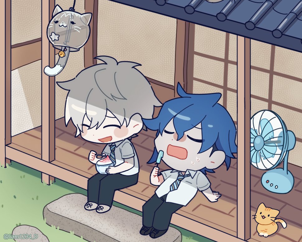 2boys, :d, ^_^, aoyama_kazuki, black_pants, black_shoes, blue_hair, cat