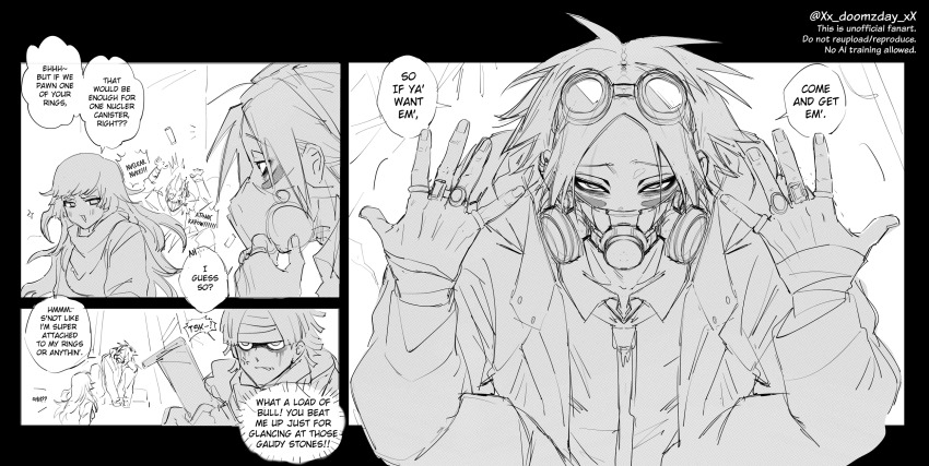 1girl, 3boys, anger_vein, asahikawa_kai, bandaged_head, bandages, collared_shirt, commentary, english_commentary, english_text, facial_mark, goggles, goggles_on_head, greyscale, haneda_kiyoshiro, highres, long_hair, mask, monochrome, multiple_boys, necktie, respirator, scarf, shirt, short_hair, sonoda_fucho, speech_bubble, tribe_nine, xx_doomzday_xx, yukigaya_enoki
