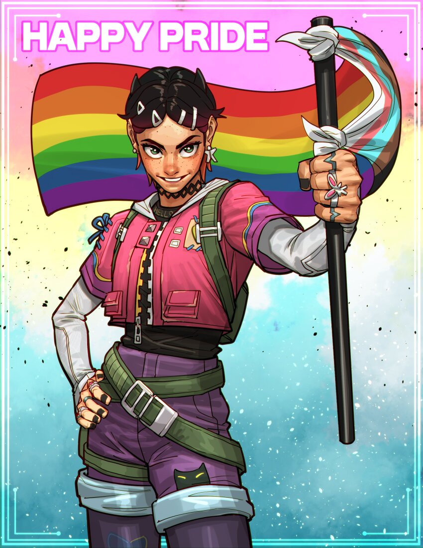 1other, absurdres, backpack, bag, belt, black_hair, black_horns, black_nails