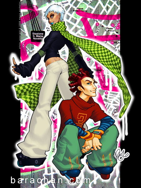 1boy, 1girl, barachan, butt_crack, clutch_(jsr), dark_skin, fingerless_gloves, full_body, gloves, green_eyes, index_finger_raised, inline_skates, jazz_(jsr), jet_set_radio, jet_set_radio_future, looking_at_viewer, map, outline, pants, red_hair, roller_skates, scarf, sega, short_hair, skates, smile, squatting, watermark, white_hair, y2k_fashion