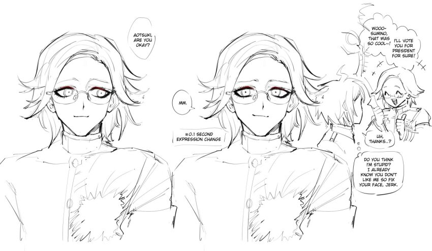 2boys, ^_^, ahoge, aotsuki_eito, blush, closed_eyes, commentary, english_commentary