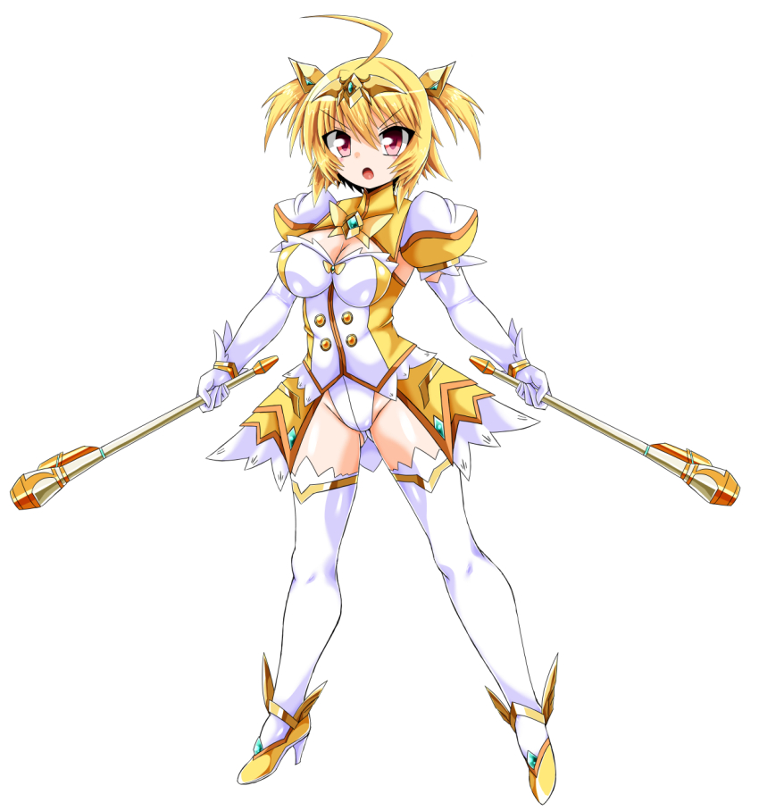 1girl, amagi_nao, arty_flare, blonde_hair, elbow_gloves, gloves, highres, holding, magical_girl, open_mouth, red_eyes, short_hair, showgirl_skirt, shrug_(clothing), solo, standing, thighhighs, ts_magical_girl_nao, two_side_up, white_gloves, white_thighhighs, zesuto