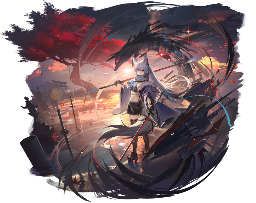 1girl, absurdres, animal_ear_fluff, animal_ears, artist_request, azur_lane, bare_shoulders, belt, black_gloves, black_skirt, black_thighhighs, blue_eyes, blue_ribbon, breasts, brown_thighhighs, choker, closed_mouth, cloud, coat, crop_top, dual_wielding, evening, expressionless, floating_hair, fox_ears, fox_girl, fox_tail, fur_trim, gloves, grey_hair, hair_between_eyes, half_gloves, high_heels, highres, holding, holding_sword, holding_weapon, jacket, katana, kawakaze_(azur_lane), kawakaze_(meta)_(azur_lane), kitsune, large_tail, long_hair, long_sleeves, looking_at_viewer, looking_back, medium_breasts, midriff, miniskirt, multiple_swords, multiple_weapons, navel, non-web_source, off_shoulder, official_art, open_clothes, open_coat, open_jacket, outdoors, over_shoulder, planted, planted_sword, planted_weapon, pleated_skirt, reflection, reflective_liquid, ribbon, rigging, ripples, rudder_footwear, scar, scar_on_stomach, scarf, shirt, sideboob, sidelocks, skirt, sky, sleeveless, sleeveless_shirt, solo, standing, standing_on_liquid, stomach, sunset, sword, tail, thighhighs, thighs, torii, torpedo_launcher, tree, very_long_hair, water, weapon, weapon_over_shoulder, white_hair, wide_sleeves, zettai_ryouiki