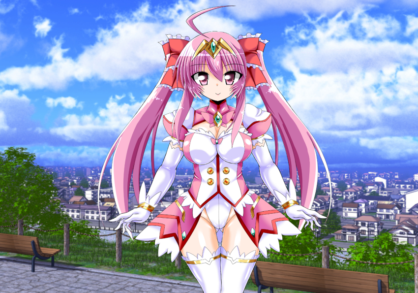 1girl, arty_cherry, blue_sky, bow, cowboy_shot, elbow_gloves, gloves, hair_bow, harukaze_mai_(tsmg_nao!), outdoors, pink_eyes, pink_hair, showgirl_skirt, shrug_(clothing), sky, solo, thighhighs, ts_magical_girl_nao, twintails, white_gloves, white_thighhighs, zesuto