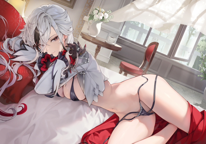 1girl, absurdres, arlecchino_(genshin_impact), black_bra, black_eyes, black_hair, black_hands, black_panties