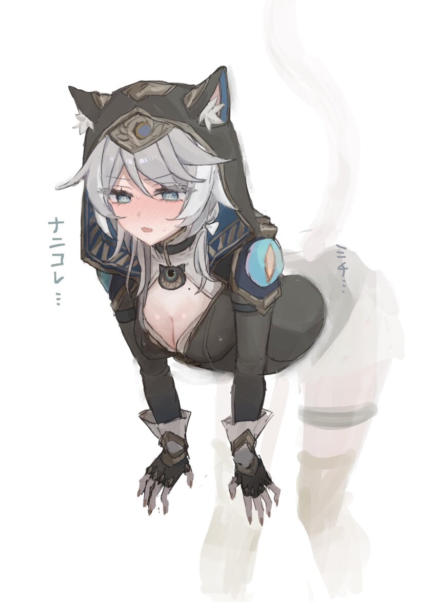 1girl, animal_ear_fluff, animal_ears, black_gloves, black_leotard, blue_eyes, blush, breasts