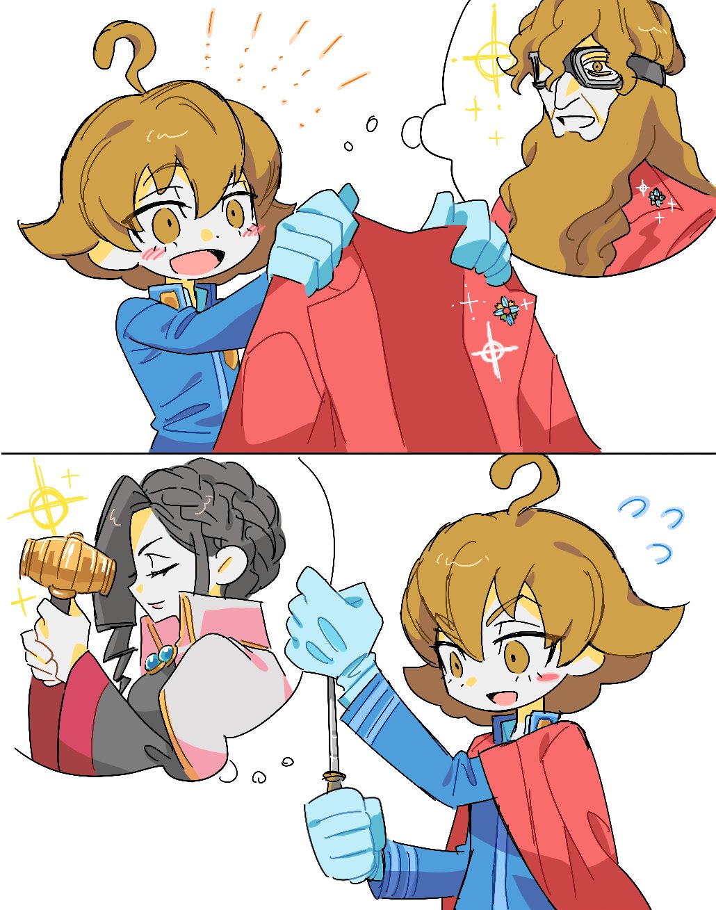 :d, ace_attorney, ace_attorney_investigations, ace_attorney_investigations_2:_prosecutor's_gambit, ahoge, badge, black_hair, blue_gloves, braid, brown_eyes, brown_hair, chibi, conductor_baton, eustace_winner, excelcius_winner, facial_hair, gloves, goggles, hammer, highres, holding, holding_baton, holding_hammer, holding_jacket, holding_unworn_clothes, jacket, jacket_on_shoulders, male_focus, open_mouth, pose_imitation, red_jacket, school_uniform, smile, speech_bubble, themis_legal_academy_school_uniform, thought_bubble, unworn_jacket, verity_gavelle, wktmqtj