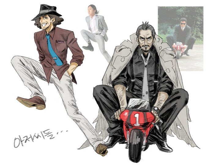 ace_attorney, ace_attorney_investigations, ace_attorney_investigations_2:_prosecutor's_gambit, afro, black_eyes, black_hat, black_pants, black_shirt, blue_necktie, brown_hair, brown_shirt, brown_shoes, coat, coat_on_shoulders, cowlick, eddie_fender, facial_hair, fedora, food_in_mouth, grey_coat, grin, hair_slicked_back, hands_in_pockets, hat, korean_text, leg_up, lollipop_in_mouth, male_focus, necktie, pants, photo-referenced, photo_inset, reference_inset, riding_tricycle, shirt, shoes, sleeves_rolled_up, smile, torn_clothes, tyrell_badd, watch, white_pants, wristwatch