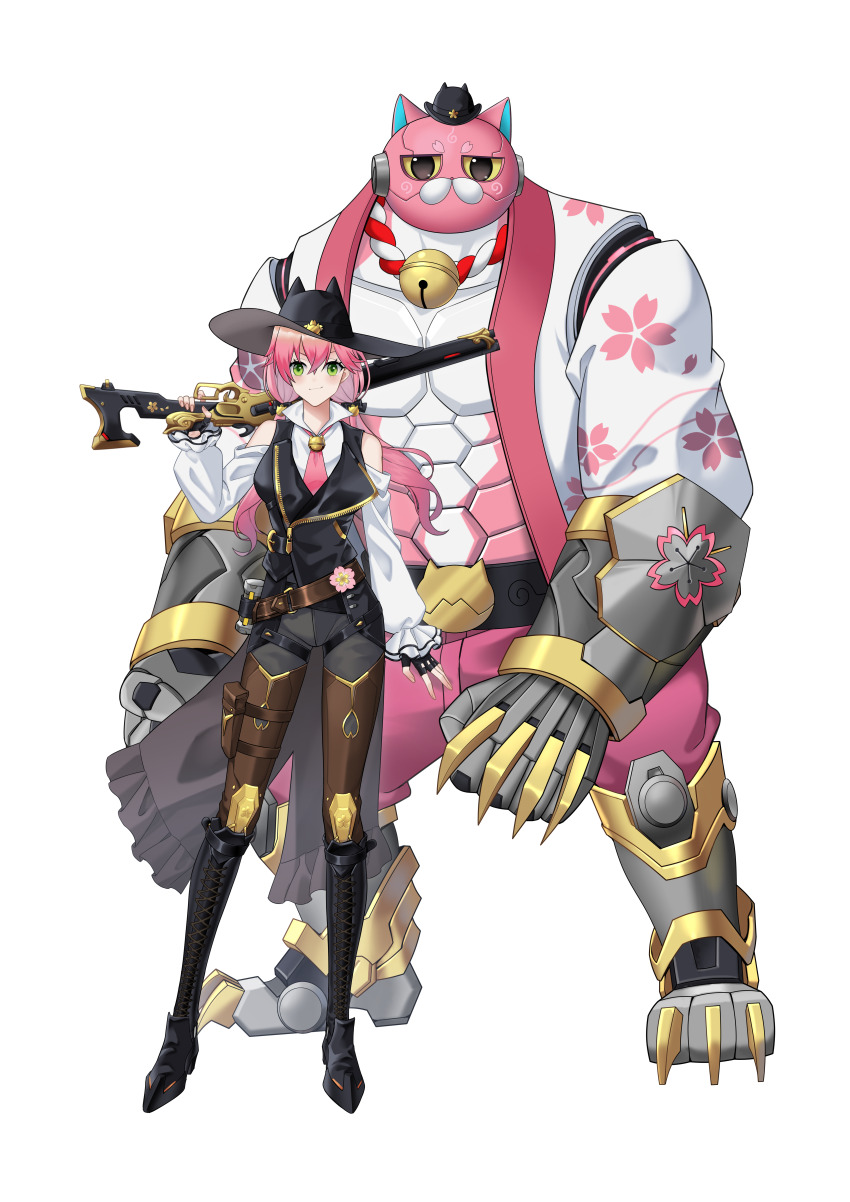 absurdres, ashe_(overwatch), ashe_(overwatch)_(cosplay), bell, bob_(overwatch), bowler_hat, cherry_blossom_print, cherry_blossoms
