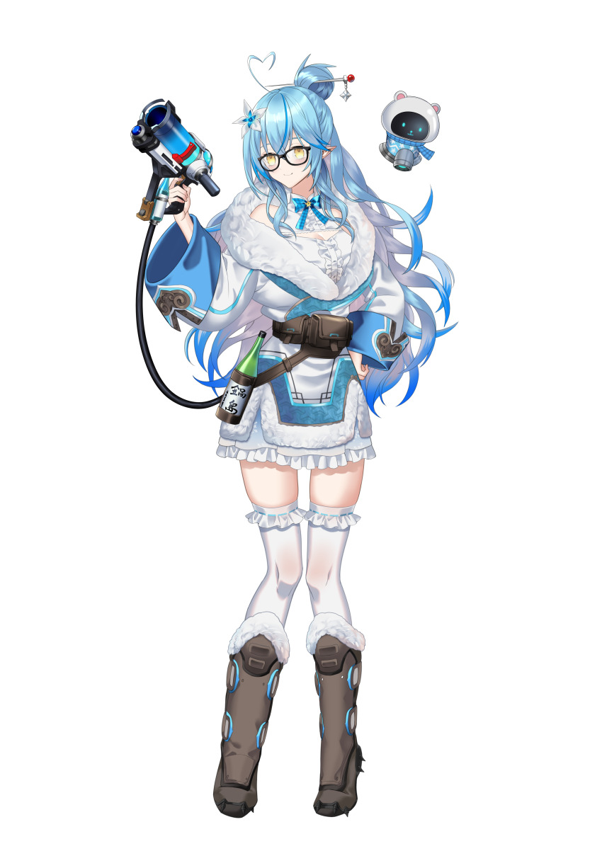 absurdres, ahoge, alcohol, beads, bear, belt, black-framed_eyewear, blue_hair, boots, coat, colored_tips, cosplay, daifuku_(yukihana_lamy), drone, elf, flower, fur_boots, fur_coat, glasses, hair_bun, hair_flower, hair_ornament, hair_stick, heart, heart_ahoge, highres, hololive, mei_(overwatch), mei_(overwatch)_(cosplay), multicolored_hair, nyacifer, overwatch, pointy_ears, polar_bear, single_hair_bun, snow_boots, spiked_boots, streaked_hair, thighhighs, utility_belt, virtual_youtuber, white_thighhighs, winter_clothes, winter_coat, yellow_eyes, yukihana_lamy