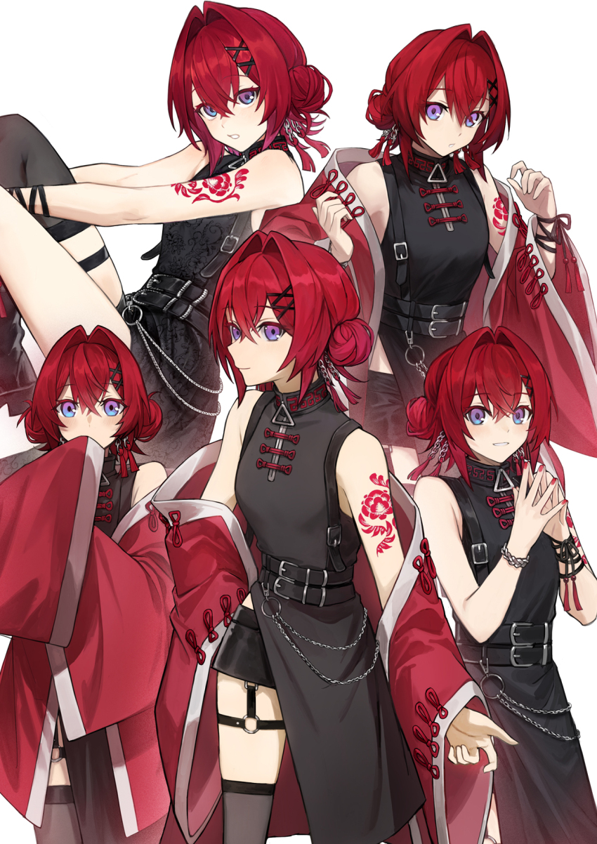 1girl, akiakiyo, ange_katrina, ange_katrina_(china_dress), arm_tattoo, armpit_crease, bare_shoulders, belt, black_belt, black_dress, black_ribbon, black_shorts, blue_eyes, breasts, chain, chain_bracelet, china_dress, chinese_clothes, crossed_bangs, double_bun, dress, gradient_eyes, grey_thighhighs, hair_between_eyes, hair_bun, hair_intakes, hair_ornament, hashtag-only_commentary, highres, jacket, long_bangs, medium_dress, multicolored_eyes, multiple_belts, multiple_views, nijisanji, o-ring, o-ring_thigh_strap, off_shoulder, open_clothes, open_jacket, purple_eyes, red_hair, red_jacket, ribbon, short_shorts, shorts, side_slit, simple_background, single_thighhigh, sleeveless, sleeveless_dress, small_breasts, tassel, tassel_hair_ornament, tattoo, thigh_strap, thighhighs, virtual_youtuber, white_background, wrist_ribbon, x_hair_ornament