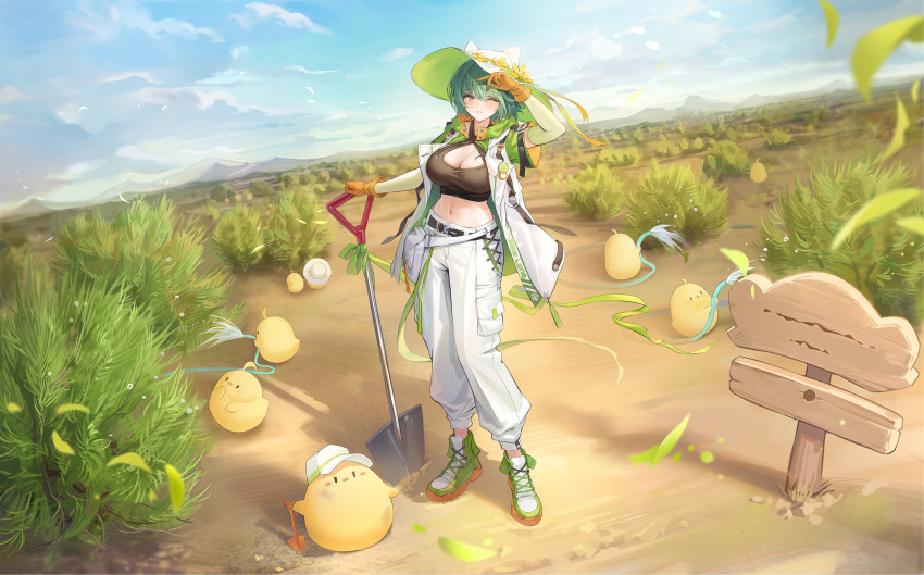 1girl, ;), absurdres, admiral_nakhimov_(a_fresh_green_day)_(azur_lane), admiral_nakhimov_(azur_lane), animal_ear_headwear, animal_hat, azur_lane, baby_animal, belt, belt_pouch, bird, black_tank_top, blue_sky, blush, boots, breasts, brown_shirt, cat_hat, chick, cleavage, cleavage_cutout, clothing_cutout, cloud, coat, crop_top, day, detached_sleeves, fake_animal_ears, farmer, field, flower, gloves, gloves_over_sleeves, grass, green_boots, green_hair, green_jacket, green_sleeves, hair_between_eyes, hand_on_headwear, hand_up, hat, hat_flower, highres, holding, holding_shovel, hood, hooded_jacket, jacket, large_breasts, leaf, looking_at_viewer, manjuu_(azur_lane), midriff, mountainous_horizon, navel, non-web_source, official_alternate_costume, official_art, one_eye_closed, open_clothes, open_coat, open_jacket, orange_eyes, orange_gloves, outdoors, pants, pocket, pouch, ribbon, shadow, shirt, shoes, short_hair, short_sleeves, shovel, sidelocks, sign, sky, smile, solo, standing, stomach, sun_hat, tank_top, two-sided_fabric, two-sided_headwear, two-sided_jacket, white_jacket, white_pants, yellow_flower