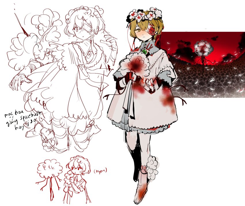 1boy, blonde_hair, blood, blood_bag, blood_on_clothes, blood_on_hands, boots, drenched_gossypium