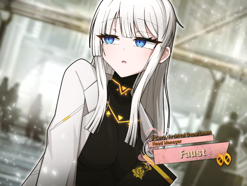 1girl, alternate_costume, alternate_hairstyle, black_bodysuit, blue_eyes, bodysuit, cesara_(project_moon), english_text