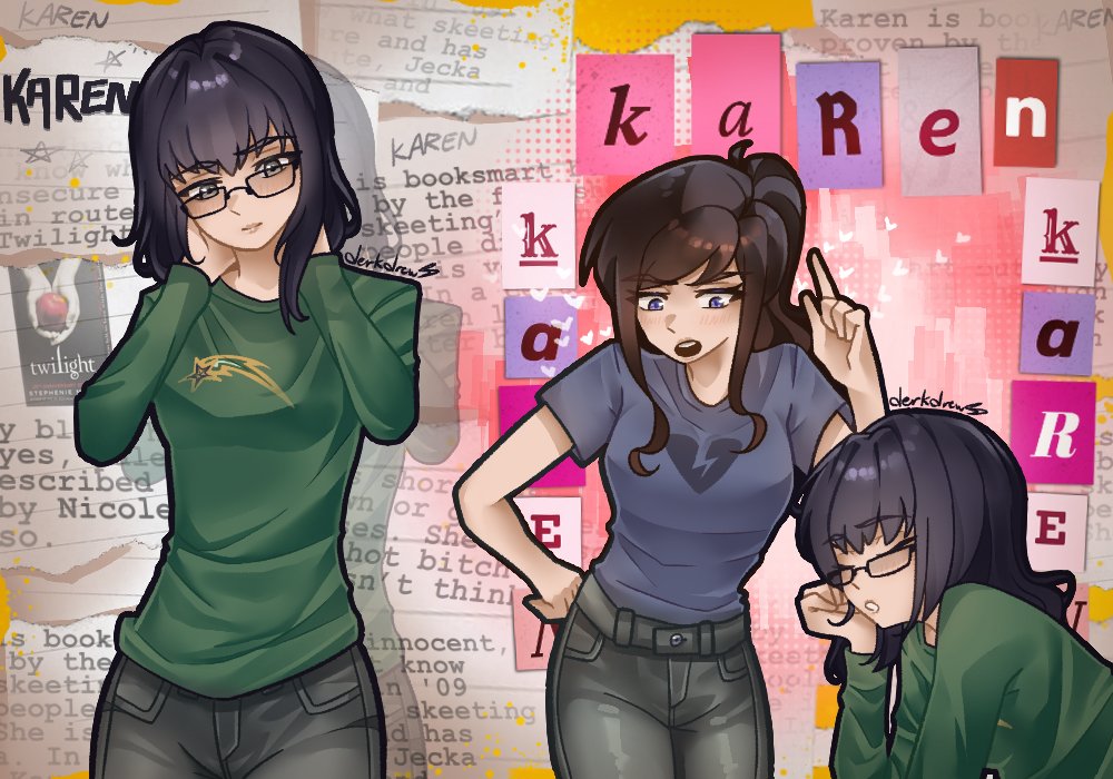 2girls, apple, black_hair, black_pants, blue_eyes, blue_shirt, breasts, broken_heart_print