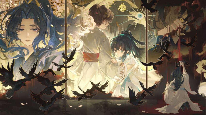 2boys, 2girls, bird, black_bird, black_feathers, blood, blood_on_wall, blue_hair, chinese_clothes, closed_mouth, crying, daguanyuan's_jia_huan_(project_moon), feathers, gold_trim, hair_intakes, hanfu, heterochromia, highres, hong_lu_(project_moon), kneeling, limbus_company, lin_daiyu_(project_moon), long_hair, long_sleeves, multiple_boys, multiple_girls, project_moon, stab, tokulily, very_long_hair, white_hanfu, xiren_(project_moon)