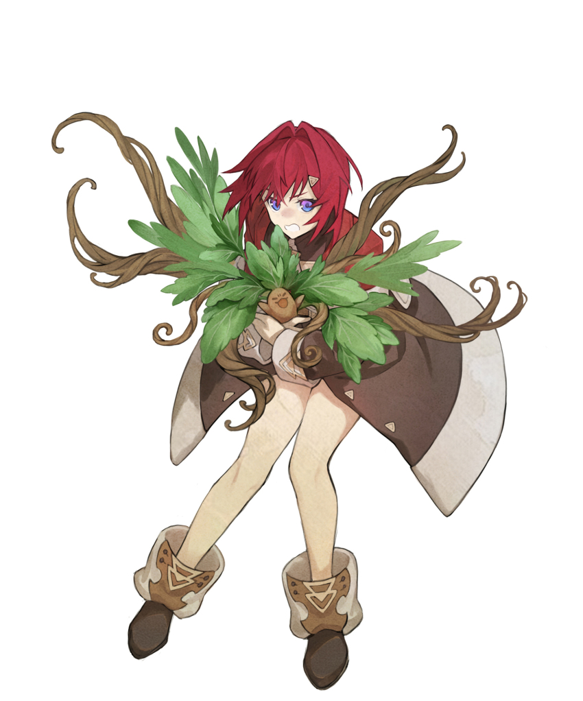 1girl, akiakiyo, ange_katrina, ange_katrina_(1st_costume), ankle_boots, bare_legs, blue_eyes, boots, brown_boots, brown_coat, cardigan, coat, creature, crossed_bangs, full_body, gradient_eyes, hair_intakes, hair_ornament, hashtag-only_commentary, highres, holding, holding_creature, leaf, leaning_forward, long_sleeves, looking_at_viewer, mandragora, mandragora_(ange_katrina), medium_hair, multicolored_eyes, nijisanji, off_shoulder, open_mouth, plant_roots, purple_eyes, red_cardigan, red_hair, simple_background, standing, triangle_hair_ornament, virtual_youtuber, white_background, white_mouth