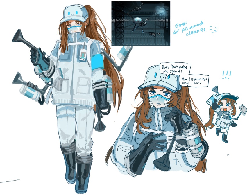 1girl, all-around_cleaner, arm_up, baseball_cap, black_boots, blue_eyes, boots, brown_hair