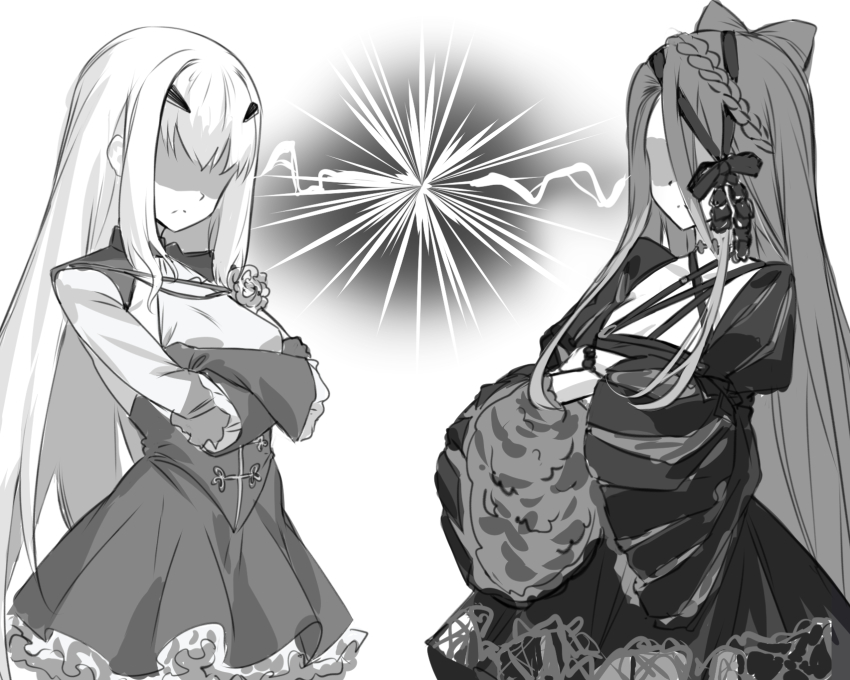 2girls, aiguillette, bow, braid, breasts, choker, crossed_arms, das_(dan_dan), dress, fate/grand_order, fate_(series), greyscale, hair_between_eyes, highres, long_hair, long_sleeves, melusine_(fate), melusine_(second_ascension)_(fate), monochrome, multiple_girls, shaded_face, sidelocks, small_breasts, typhon_ephemeros_(fate), typhon_ephemeros_(second_ascension)_(fate), very_long_hair, wide_sleeves