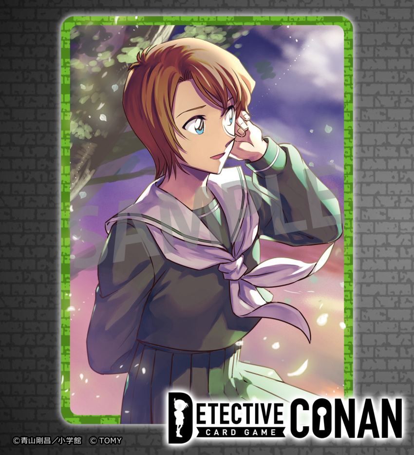 1girl, arm_behind_back, asymmetrical_bangs, averting_eyes, blue_eyes, blue_hair, brown_hair, card_(medium)