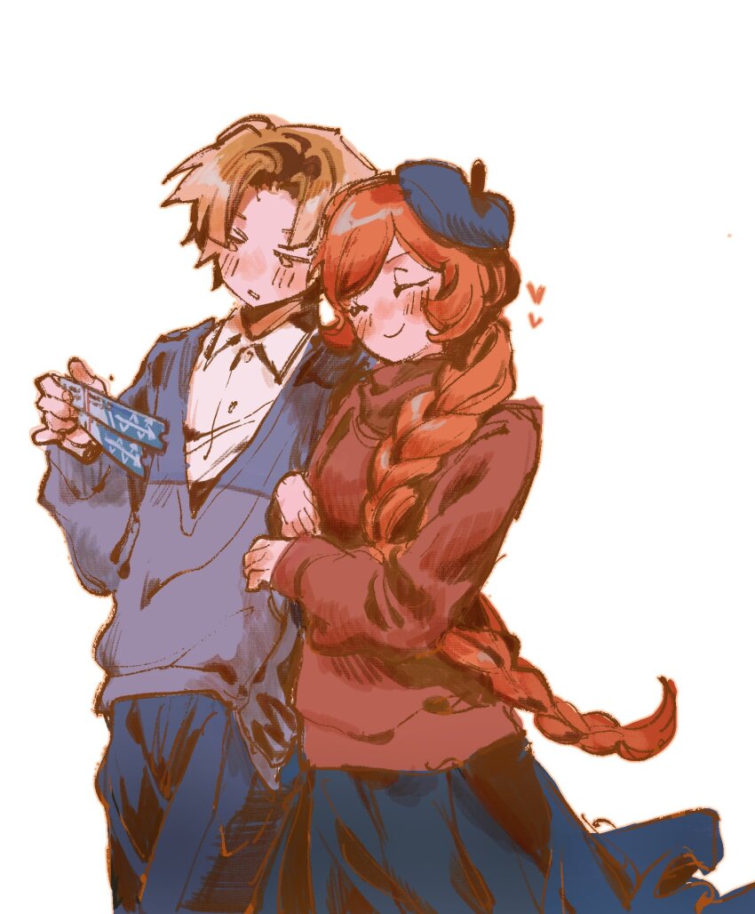 1boy, 1girl, beret, black_hat, black_skirt, blush, collared_shirt, cookie_run