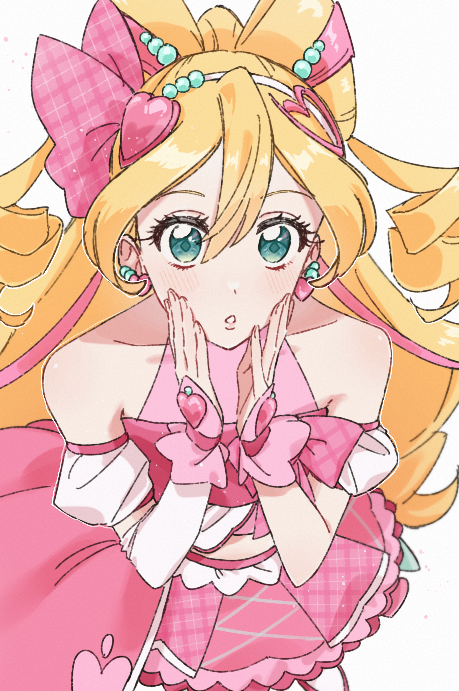 1girl, bare_shoulders, blonde_hair, blush, cure_idol, curled_horns, curled_tail, dress