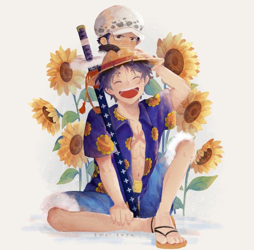 2boys, ^_^, blue_shorts, closed_eyes, commentary, english_commentary, flower, full_body