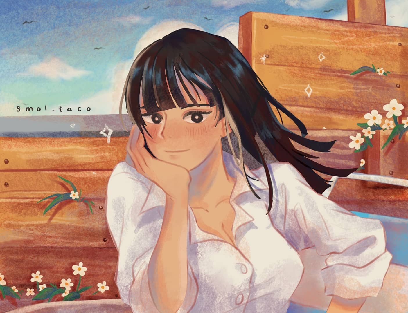 1girl, artist_name, bird, black_eyes, black_hair, blue_sky, blunt_bangs, blush