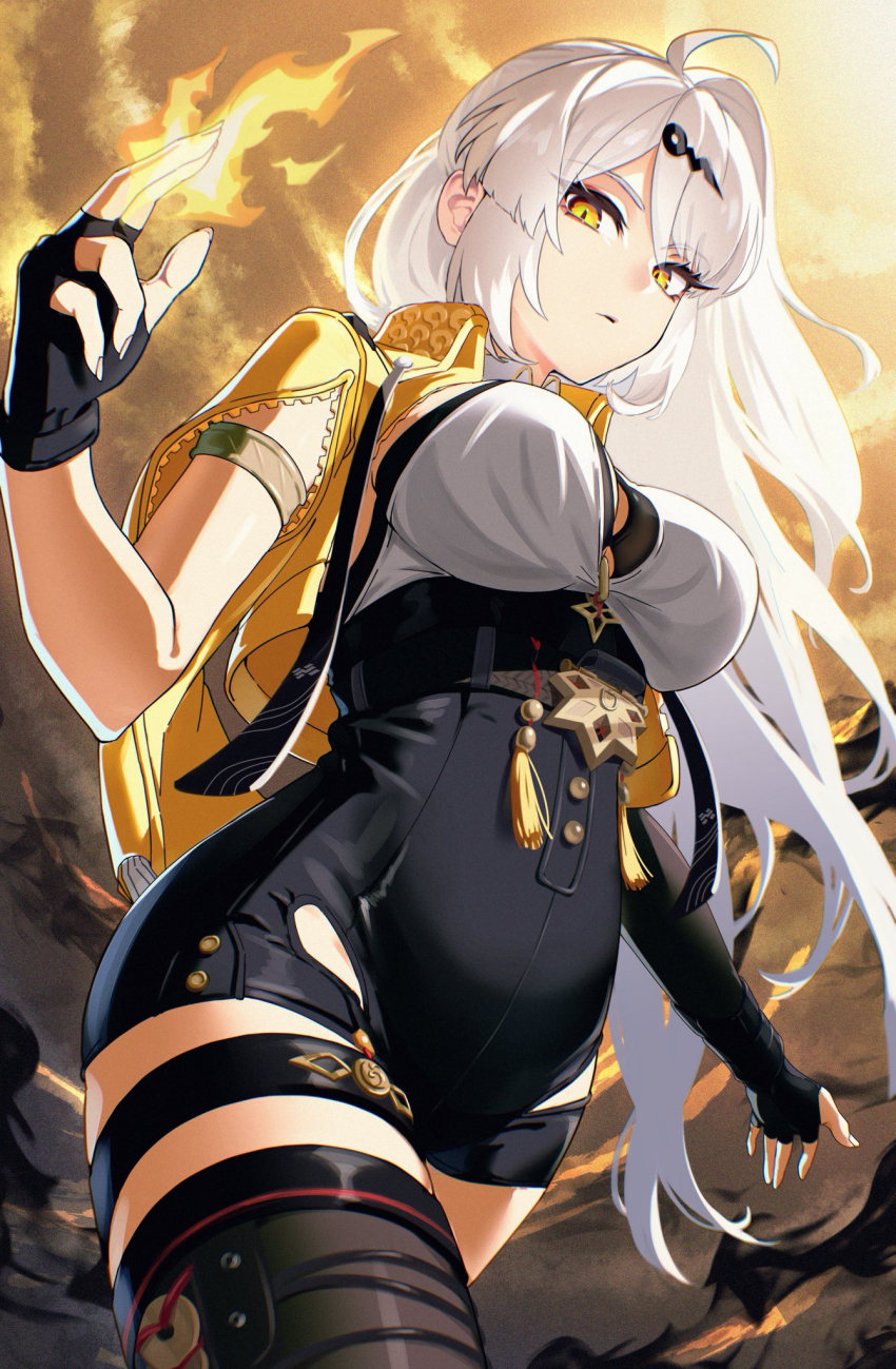 1girl, armlet, breasts, chinese_clothes, chinese_coin, elbow_gloves, fingerless_gloves, flaming_hand, gloves, gold_armlet, hair_ornament, hairclip, highres, jewelry, long_hair, looking_at_viewer, mal_to_mal, medium_breasts, parted_lips, single_elbow_glove, single_thighhigh, solo, swept_bangs, tassel, thick_thighs, thighhighs, thighs, tight_clothes, tsurime, very_long_hair, white_hair, yellow_eyes, yixuan_(zenless_zone_zero), zenless_zone_zero