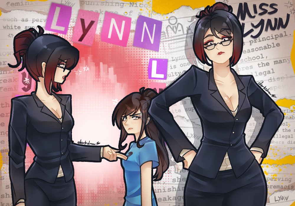 2girls, black_hair, black_skirt, black_suit, blue_hair, blue_shirt, blush, breasts