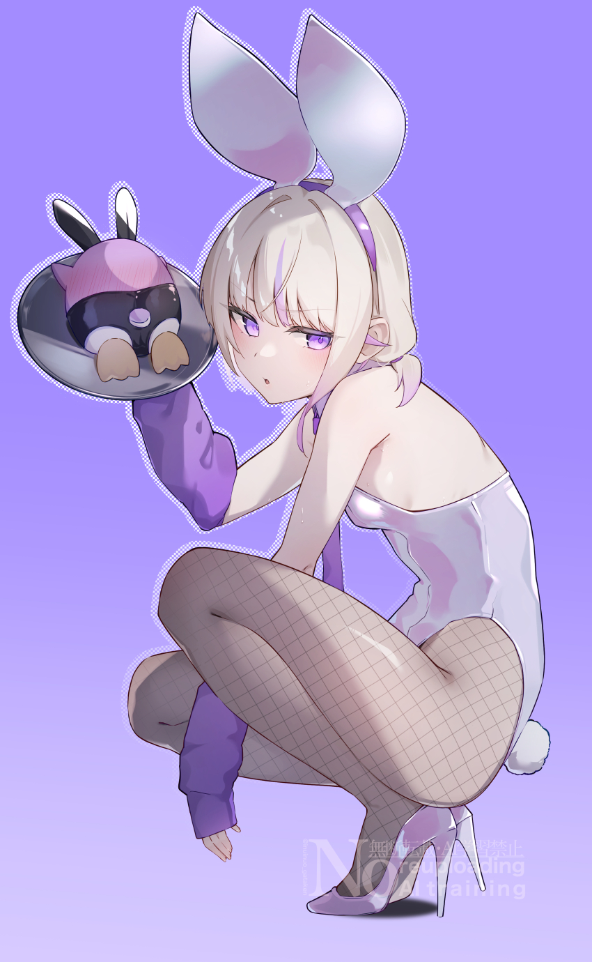 1girl, :o, absurdres, animal_ear_hairband, animal_ears, banpen_(todoroki_hajime), breasts, detached_sleeves, fake_animal_ears, fishnet_pantyhose, fishnets, full_body, hairband, high_heels, highres, holding, holding_tray, hololive, inuinuo_gataken, looking_at_viewer, pantyhose, playboy_bunny, purple_background, purple_eyes, rabbit_ear_hairband, rabbit_ears, rabbit_tail, simple_background, small_breasts, solo, squatting, tail, todoroki_hajime, tray, virtual_youtuber, white_hair
