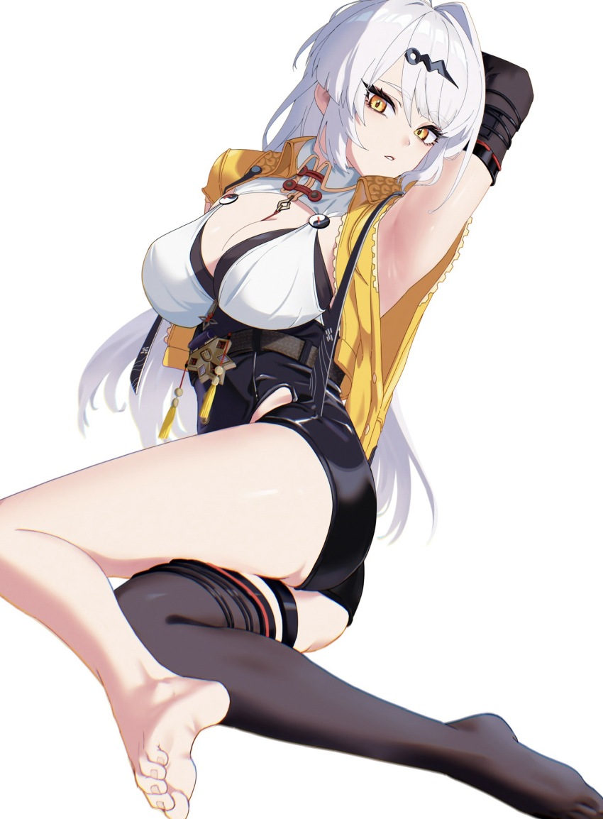 1girl, arm_behind_head, armpit_focus, armpits, barefoot, breasts, chinese_clothes, cleavage