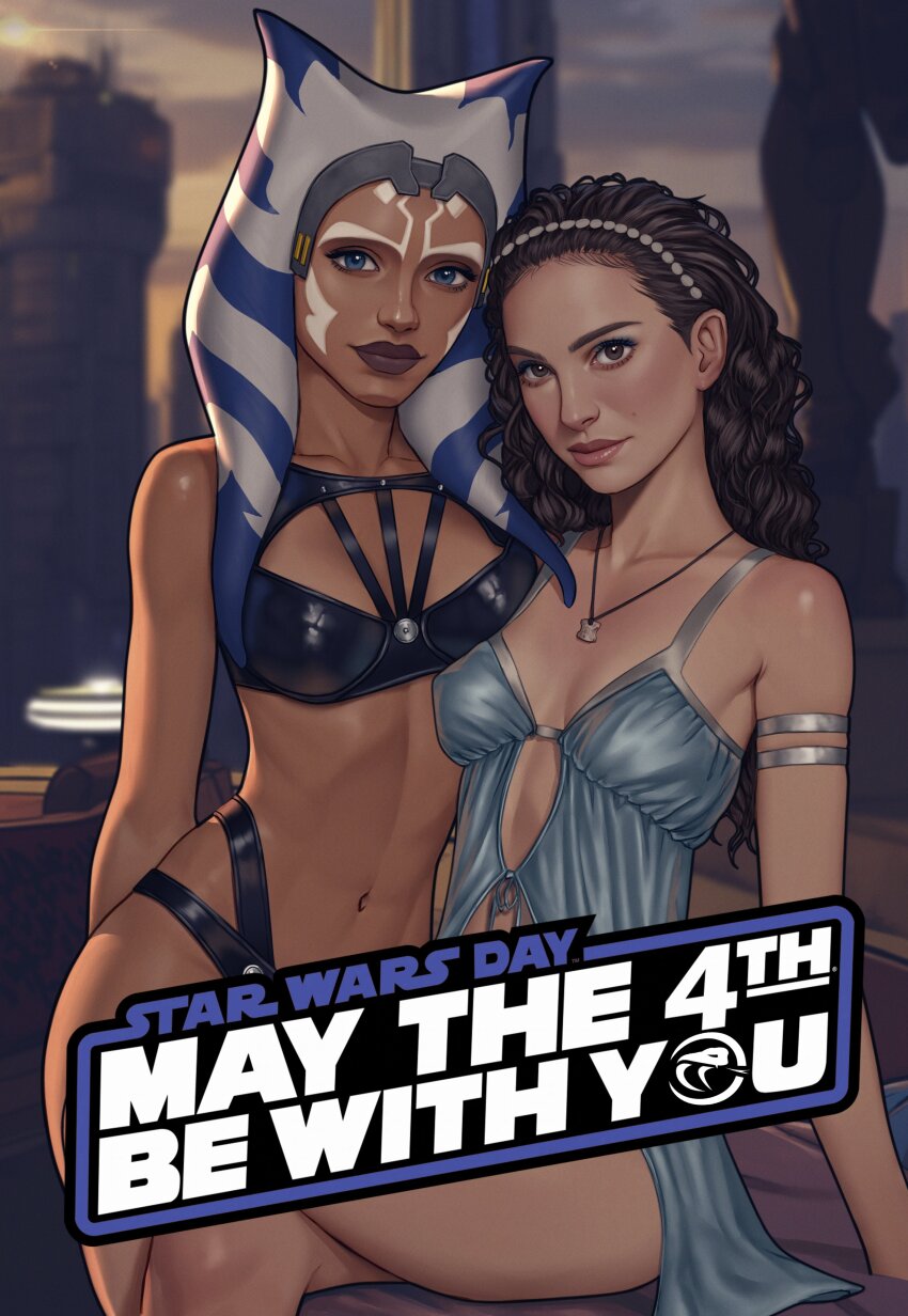 2girls, absurdres, ahsoka_tano, alien, blue_eyes, brown_eyes, brown_hair, colored_skin, english_text, highres, lingerie, long_hair, looking_at_viewer, star_wars_day, multiple_girls, orange_skin, padme_amidala, star_wars, togruta, underwear, viiperart