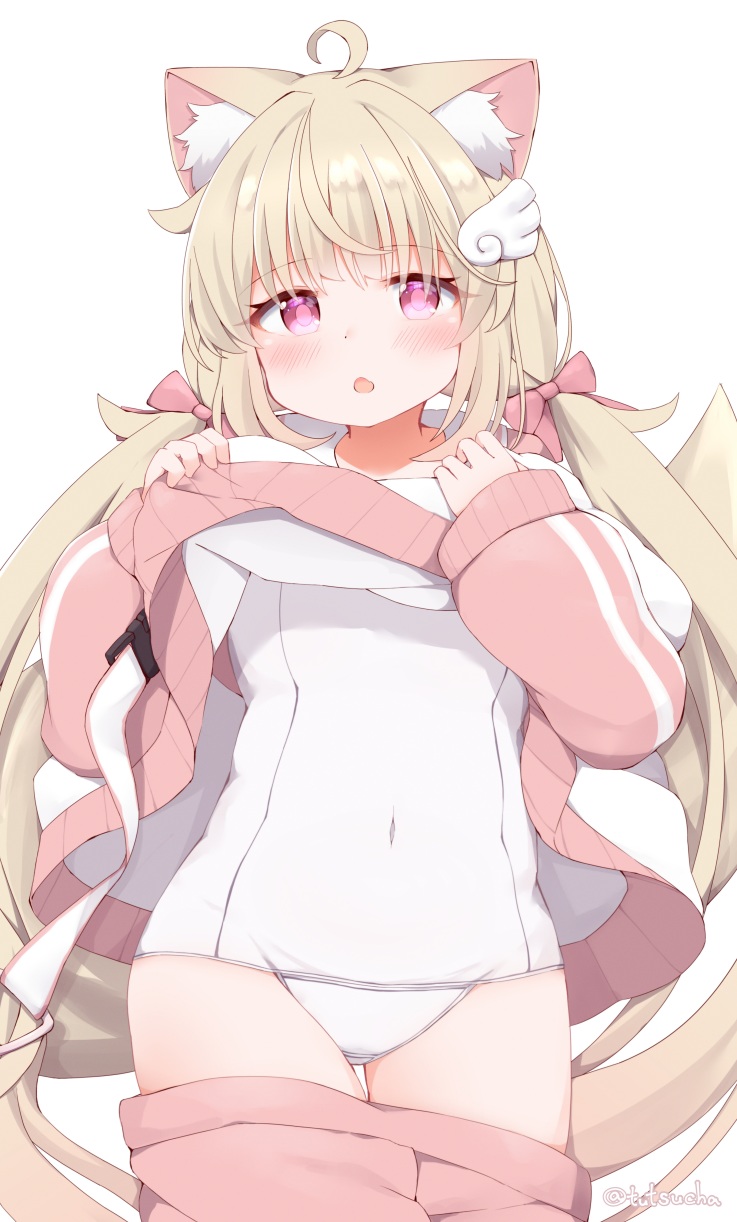 1girl, :o, ahoge, animal_ear_fluff, animal_ears, blonde_hair, blush, bow