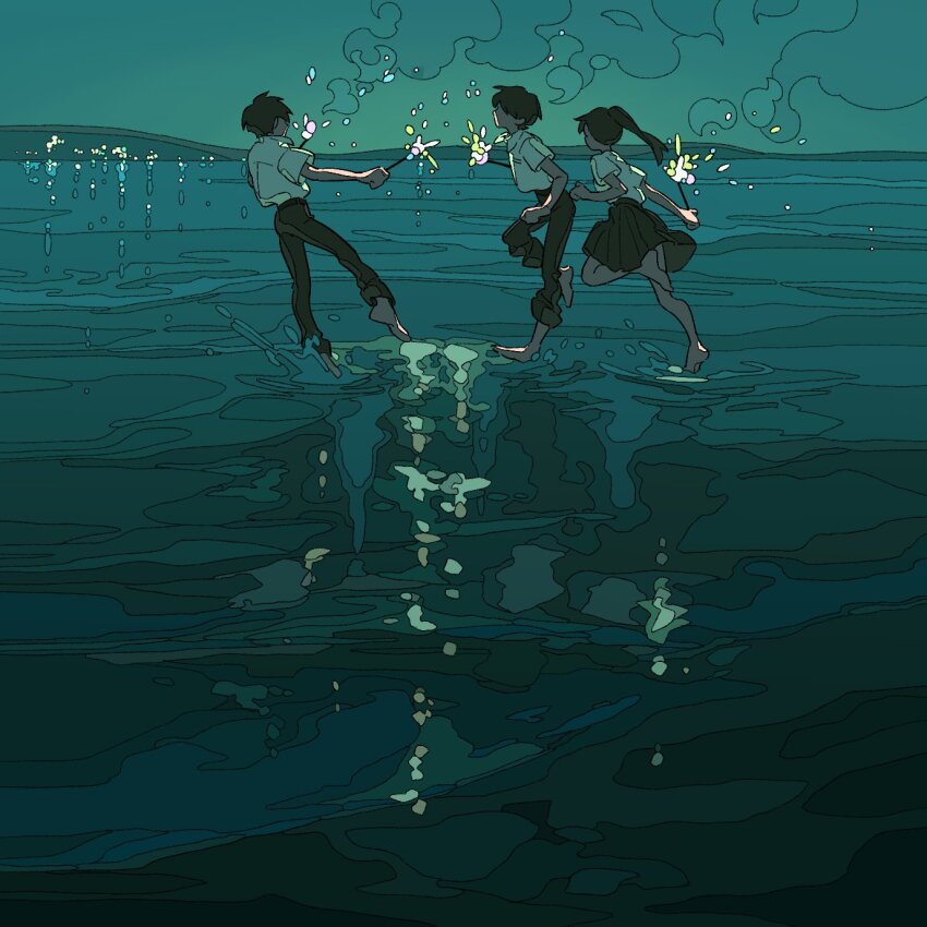 1girl, 2boys, barefoot, black_skirt, faceless, fireworks, highres, lazool_721