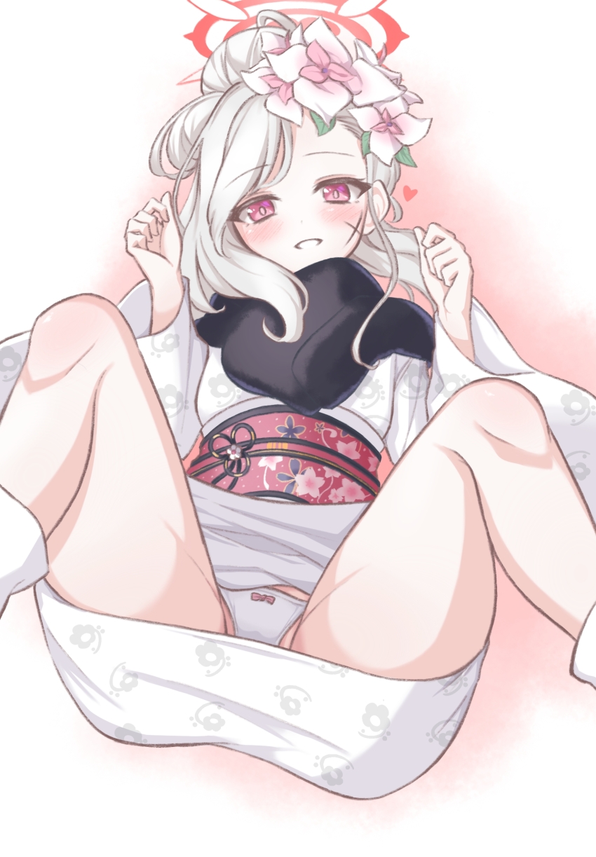 1girl, :d, amerika_neko, black_scarf, blue_archive, blush, bright_pupils, clenched_hands, commentary, feet_out_of_frame, floral_print, floral_print_kimono, flower, fur_scarf, grin, hair_behind_ear, hair_bun, hair_flower, hair_ornament, halo, hands_up, heart, highres, ink_on_face, japanese_clothes, kanzashi, kimono, loli, long_sleeves, looking_at_viewer, lying, m_legs, mutsuki_(blue_archive), mutsuki_(new_year)_(blue_archive), obi, official_alternate_costume, official_alternate_hairstyle, on_back, open_mouth, panties, pink_flower, print_kimono, red_eyes, red_halo, red_sash, sash, scarf, simple_background, single_hair_bun, smile, solo, spread_legs, thighs, underwear, white_background, white_flower, white_kimono, white_panties, wide_sleeves, yukata