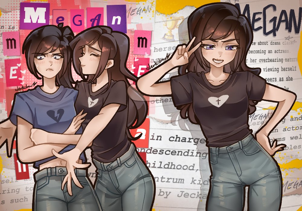 2girls, black_hair, black_shirt, blue_shirt, blush, broken_heart_print, brown_hair, class_of_09, closed_eyes, closed_mouth, collage_(medium), cross, crossed_arms, denim, derkdrew124, english_text, grey_pants, heart, heart_print, long_hair, looking_at_viewer, looking_down, megan_(class_of_09), midriff, multiple_girls, multiple_views, navel, nicole_(class_of_09), pants, paper_cutout, parted_lips, profile, purple_eyes, reference_sheet, shirt, teeth, text_background, trophy, v