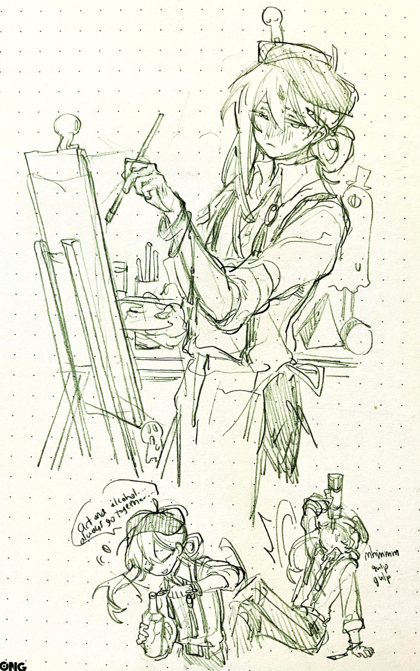 1boy, blush, closed_mouth, easel, english_text, floor_of_art's_glowing_creature, folded_ponytail, highres