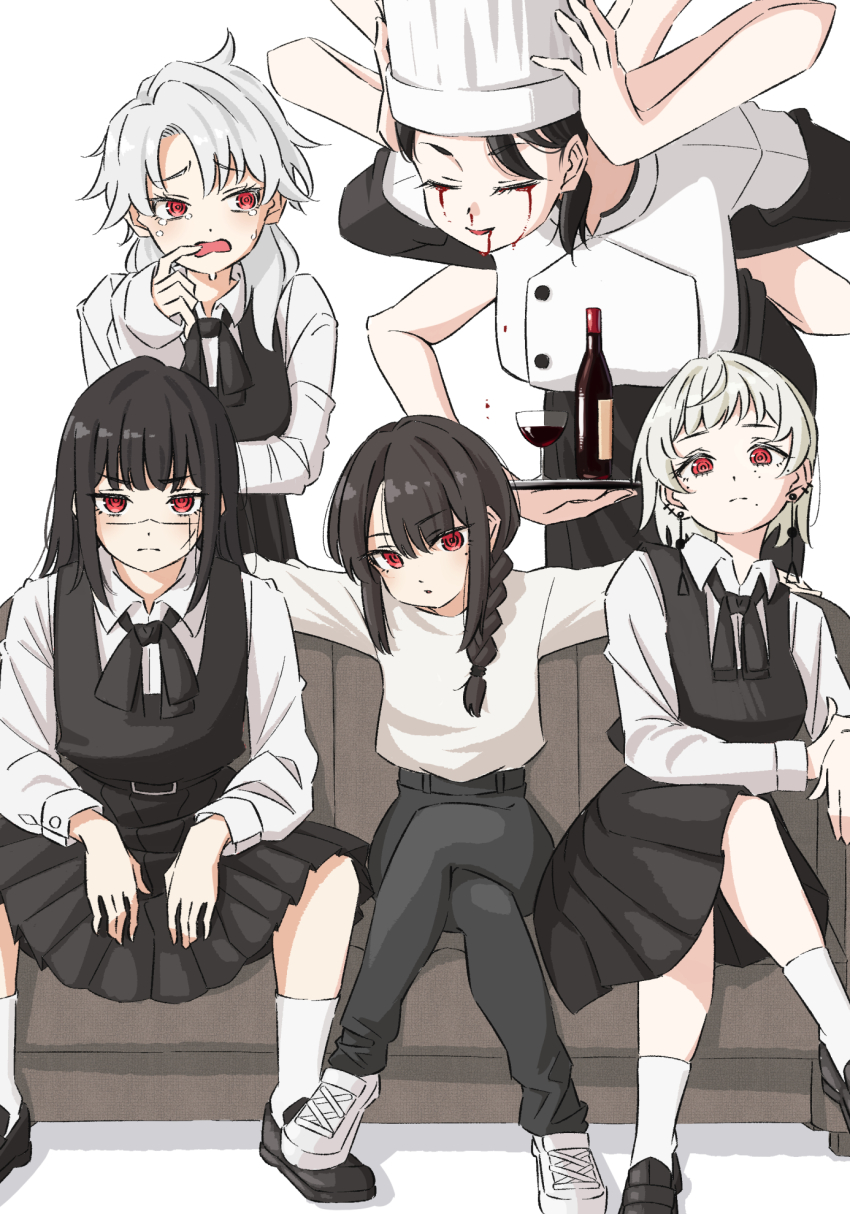 5girls, apron, black_apron, black_dress, black_hair, black_pants, black_shoes, blood, blood_drip, blood_from_mouth, bloody_tears, bottle, chainsaw_man, chef_hat, closed_eyes, couch, crossed_legs, cup, disembodied_head, dress, drink, drinking_glass, earrings, extra_arms, falling_devil_(chainsaw_man), fami_(chainsaw_man), fourth_east_high_school_uniform, haromoti, hat, highres, holding, holding_detached_head, holding_tray, jewelry, long_hair, long_sleeves, looking_at_viewer, medium_hair, messy_hair, mole, mole_under_each_eye, mole_under_eye, mole_under_mouth, multiple_girls, multiple_moles, nayuta_(chainsaw_man), nosebleed, on_couch, pants, pinafore_dress, red_eyes, ringed_eyes, scar, scar_on_face, school_uniform, shirt, shoes, sidelocks, sitting, sleeveless, sleeveless_dress, socks, tray, waist_apron, white_background, white_hair, famine_devil_(chainsaw_man), white_shirt, white_shoes, white_socks, wine_glass, yoru_(chainsaw_man)