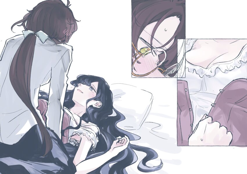 2girls, black_hair, blush, breasts, brown_hair, chichan54_(clubhappy), cleavage, commentary